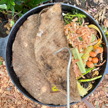 Close-up image of a Worm Farm Aerator being used to pull up a compost blanket from organic materials inside a bin.