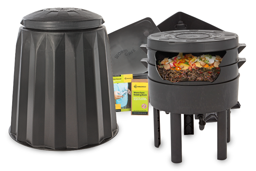 a black bin worm farm with a lid